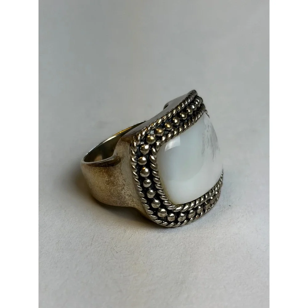 Vintage Mother of Pearl Ring 6 Silver 925 Sterling Statement Braided Border Wide